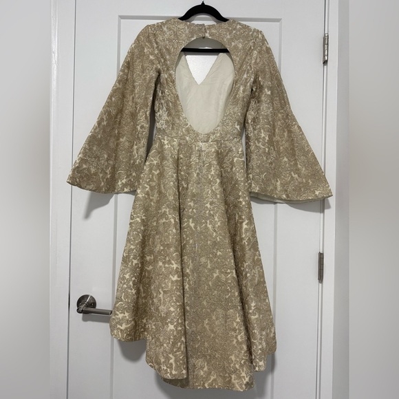 Gold Brocade Fit & Flare‎ Dress with Bell Sleeves and Open Back – Size S/M - Picture 4 of 4
